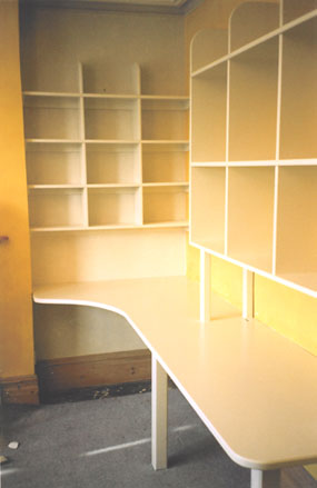 office desk and shelving